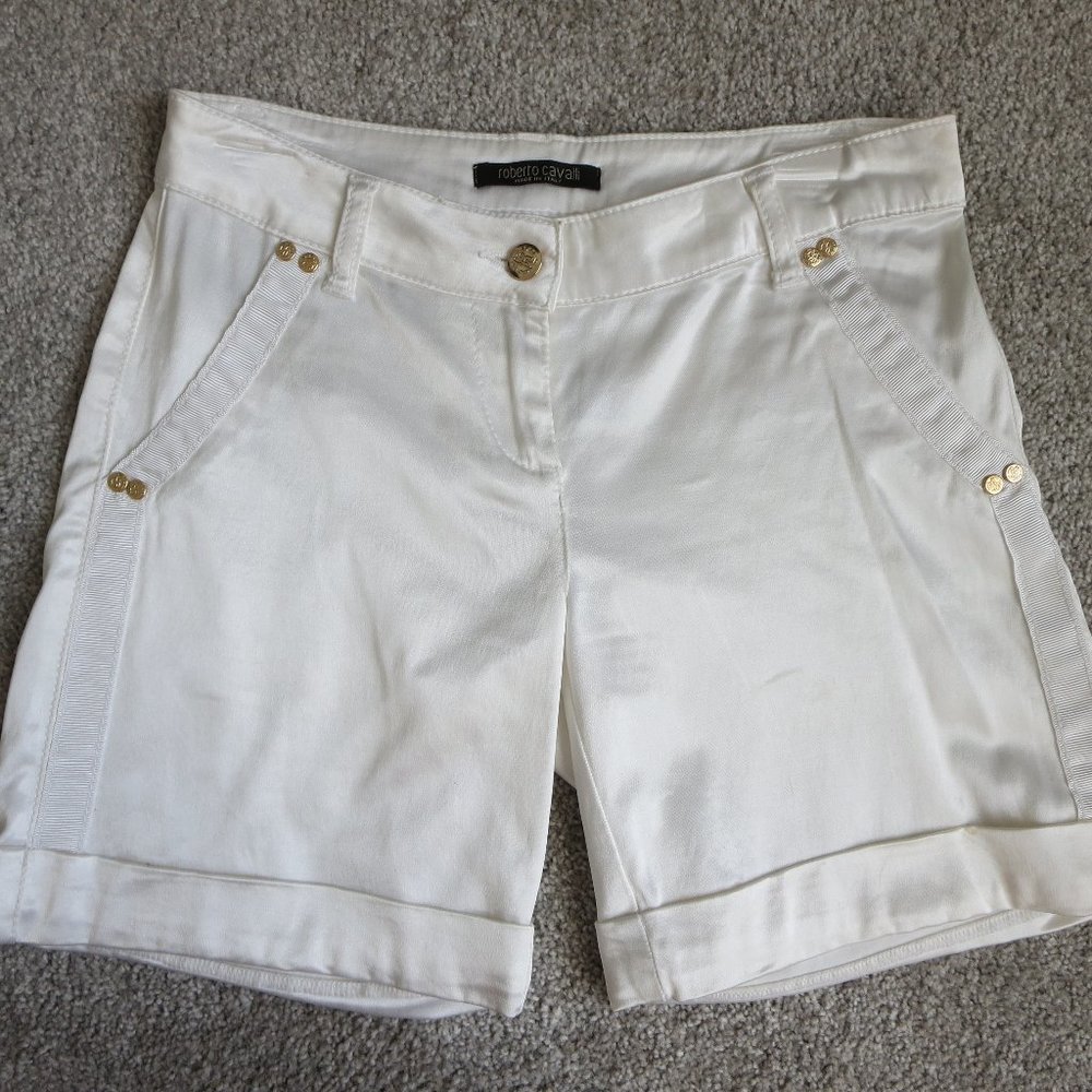 Roberto Cavalli Shiny Satin White Shorts Sz 26